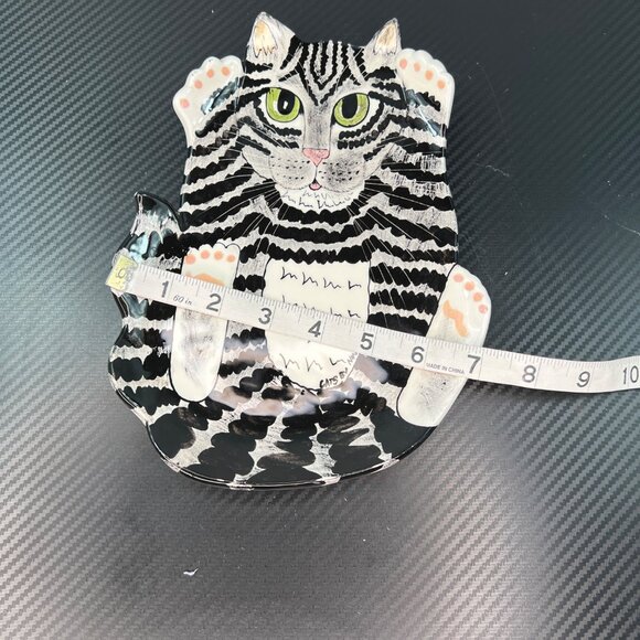 Cats By Nina Lyman Ceramic Cat-Shaped Plate Platter Black White Tabby Green Eyes - Picture 9 of 10